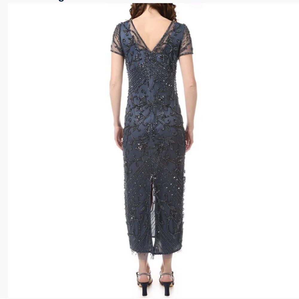 Pisarro Nights Beaded Long Short Sleeve Gown, Size 14, Charcoal Gray, NWT - Picture 3 of 11